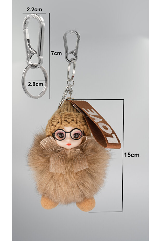 Doll Keychain with Plush Glasses , Zinc Carabiner Hook