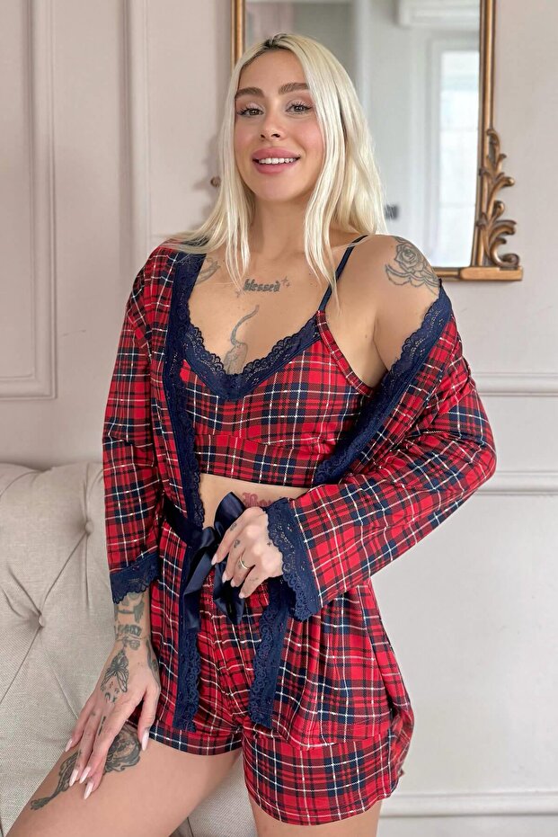 Red Plaid Patterned Bamboo Crop Women's Pajama Set with Dressing Gown and Shorts