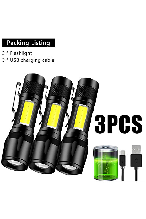 3 قطع من مصابيح LED صغيرة قوية COBtXPEZoom Torch مدمجة ببطارية قابلة لإعادة الشحن عبر USB مع مشبك قلم - 1