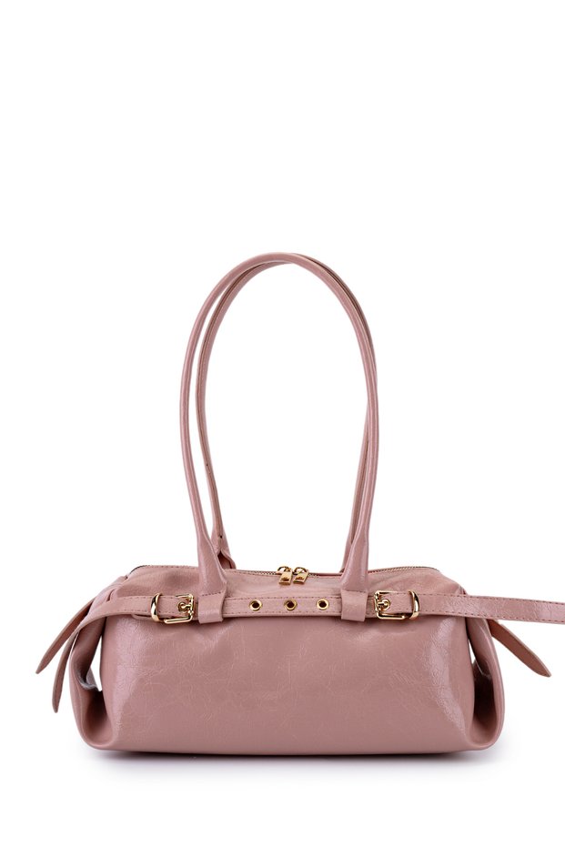 Belt Detailed Patent Leather Faux Leather Shoulder Bag Anfora Powder