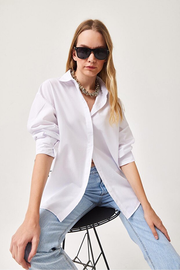 Oversize Basic Gömlek Beyaz - 4