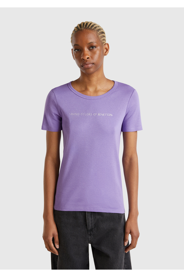 Women's Purple 100% Cotton Benetton Written Basic T-Shirt