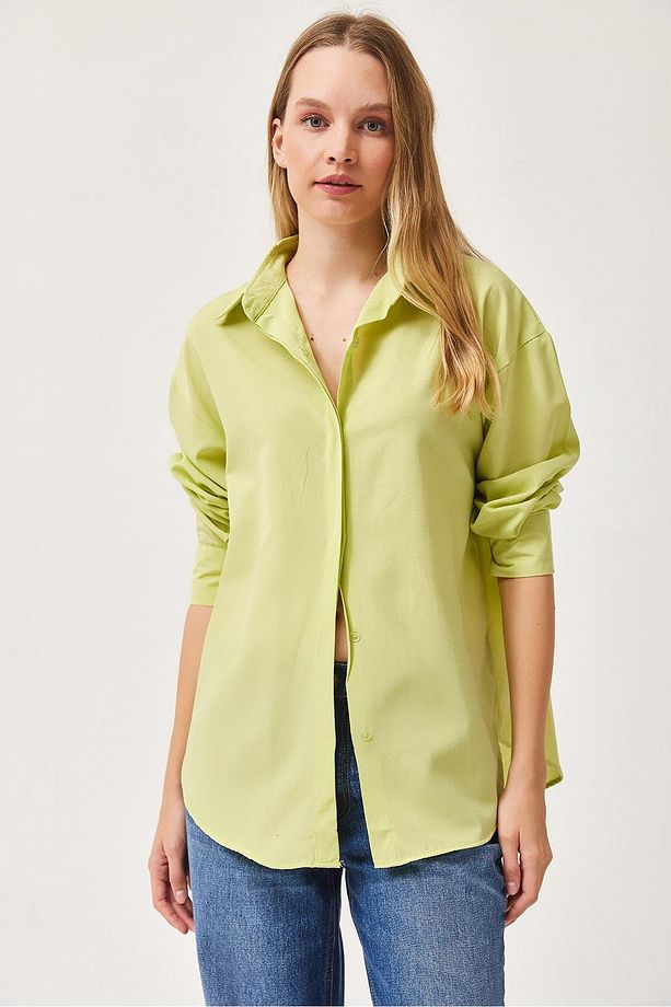 Oversize Basic Gömlek Lime - 1