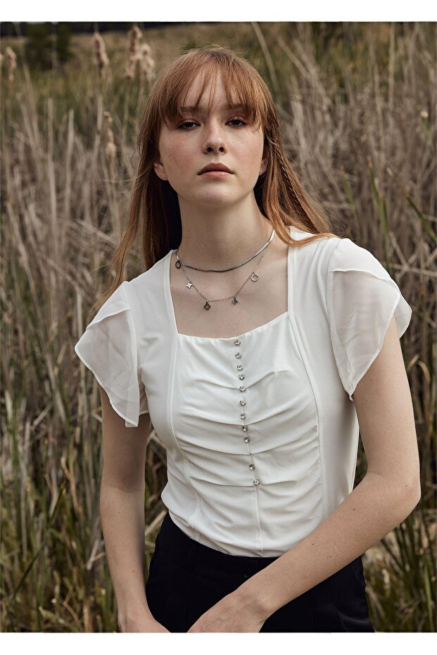 Women's Ruffle Sleeve Blouse with Stone Detail on the Front