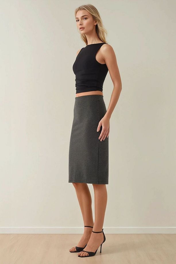 Yüksek Bel Bodycon Midi Örme Etek - 2