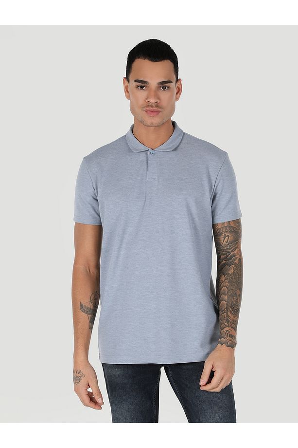 Regular Fit Polo Yaka Düz Erkek Mavi Kısa Kol Tişört - 4