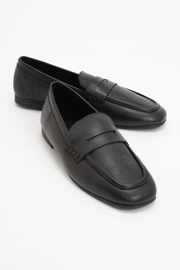 Skye Black Genuine Leather Blunt Toe Women's Loafer Shoes