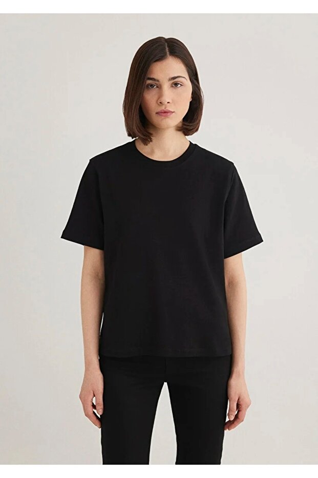 Bisiklet Yaka Siyah Basic Crop Tişört - 1