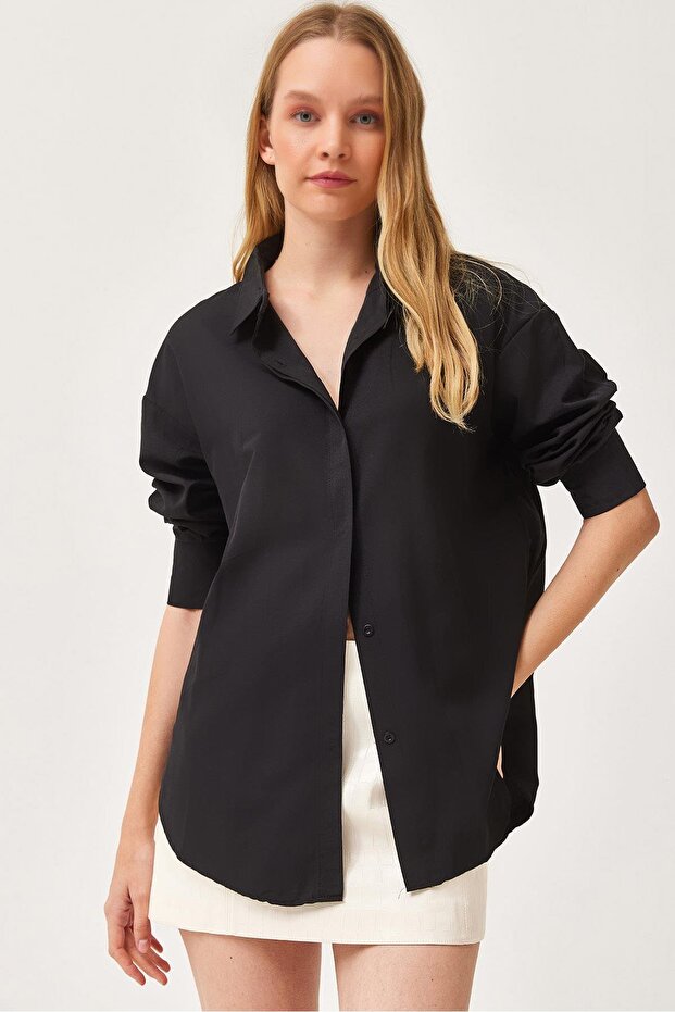 Oversize Basic Gömlek Siyah - 5