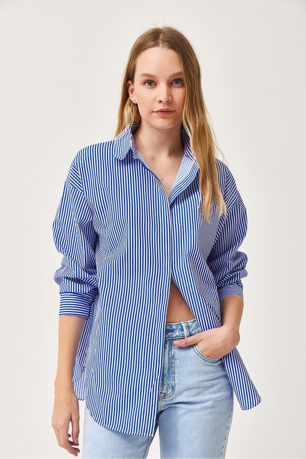 Çizgili Oversize Basic Gömlek Mavi - 1