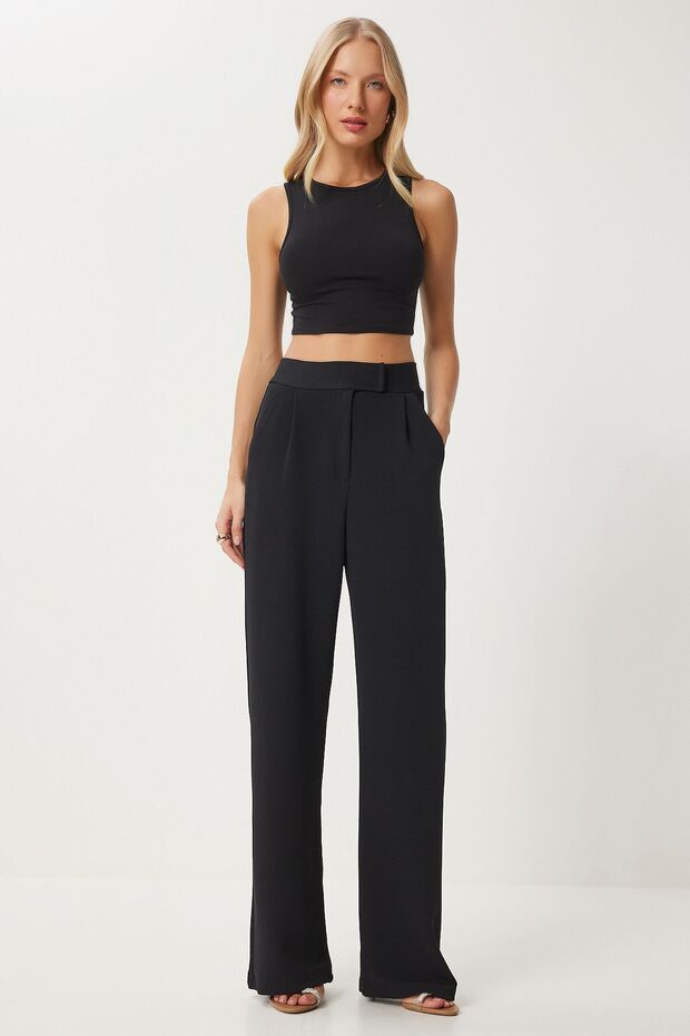 Black Line Women's Lycra Velcro Closure Black Palazzo Pants
