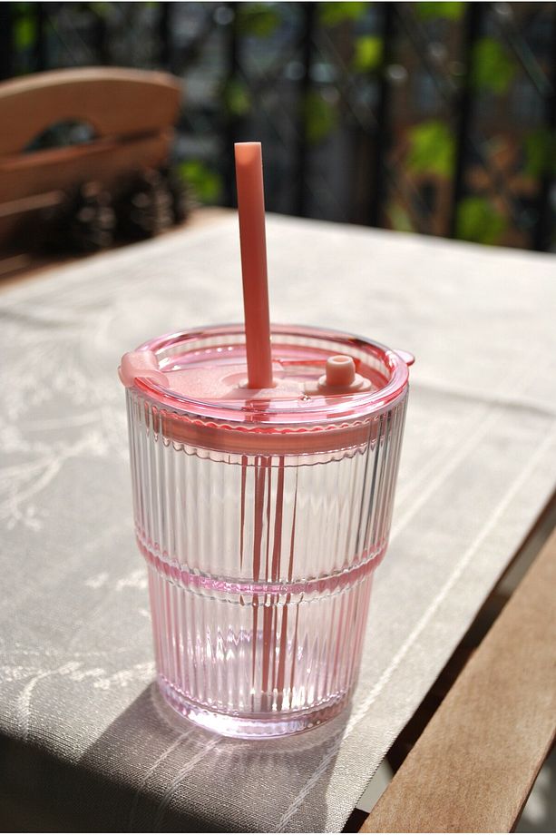1 Adet Pipetli Sızdırmaz Kapaklı Cam Bardak Pembe Matara - 430 ml - 1