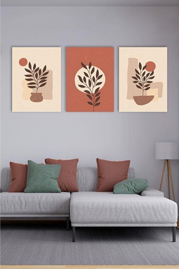3'lü Set Red & White Leaf Kanvas Tablo - 1
