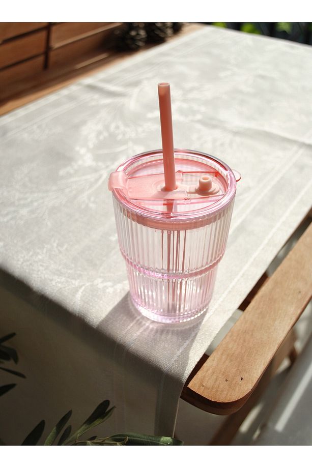 1 Adet Pipetli Sızdırmaz Kapaklı Cam Bardak Pembe Matara - 430 ml - 4