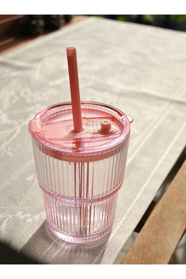 1 Adet Pipetli Sızdırmaz Kapaklı Cam Bardak Pembe Matara - 430 ml - 3