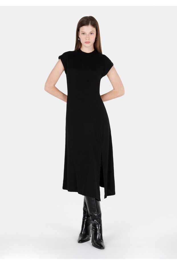 Regular Fit Straight Women's Black Short Sleeve Dress Cl 1071667