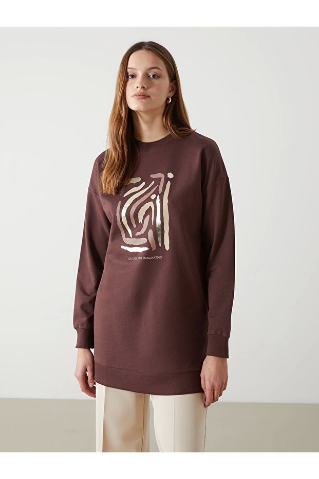 Lcw Modest Brown Crew Neck Printed Oversize Women's Sweatshirt Tunic