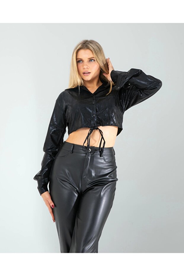 Black Snake Foil Waist Lace up Shirt