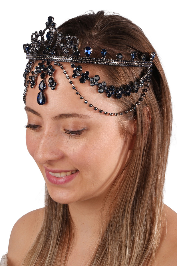 Hürrem Model Sultan Crown – لامع – تاج الزفاف باللون الأزرق الداكن