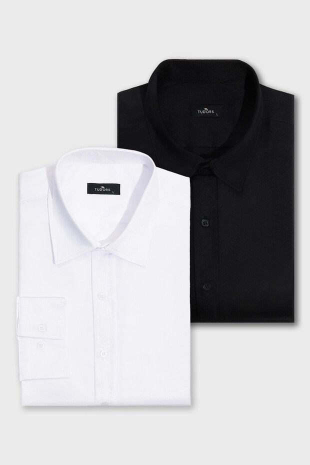Tudors 2'li Paket Siyah-Beyaz Slim Fit Kolay Ütü Teri Emen Nefes Alan Doku Dört Mevsim Erkek Gömlek