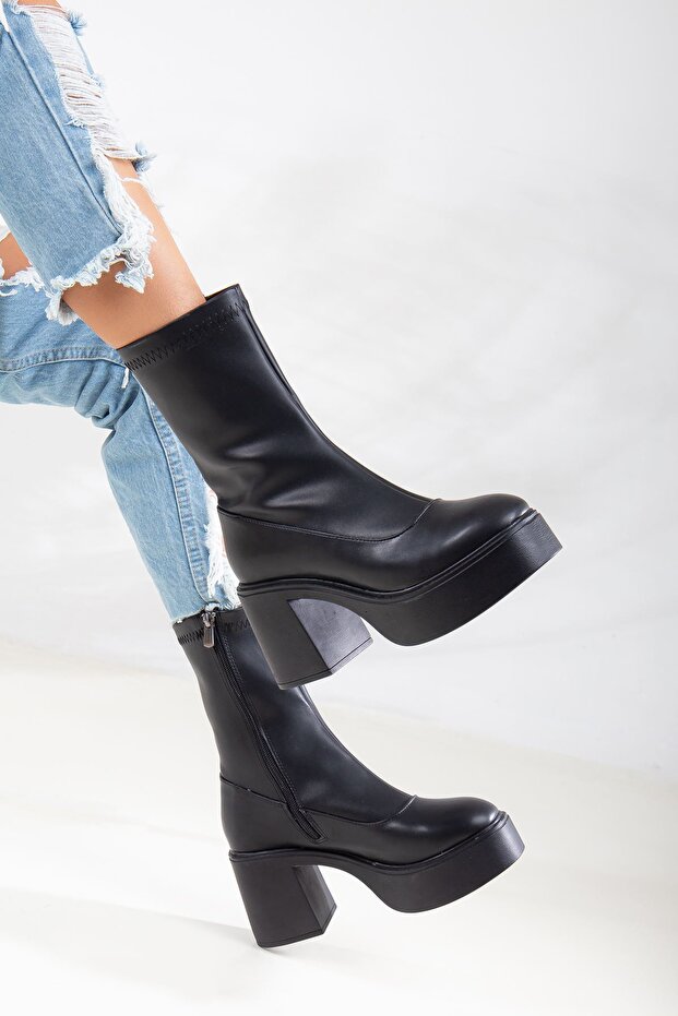Cindy Stretch Heeled Platform Women's Boots Black Skin