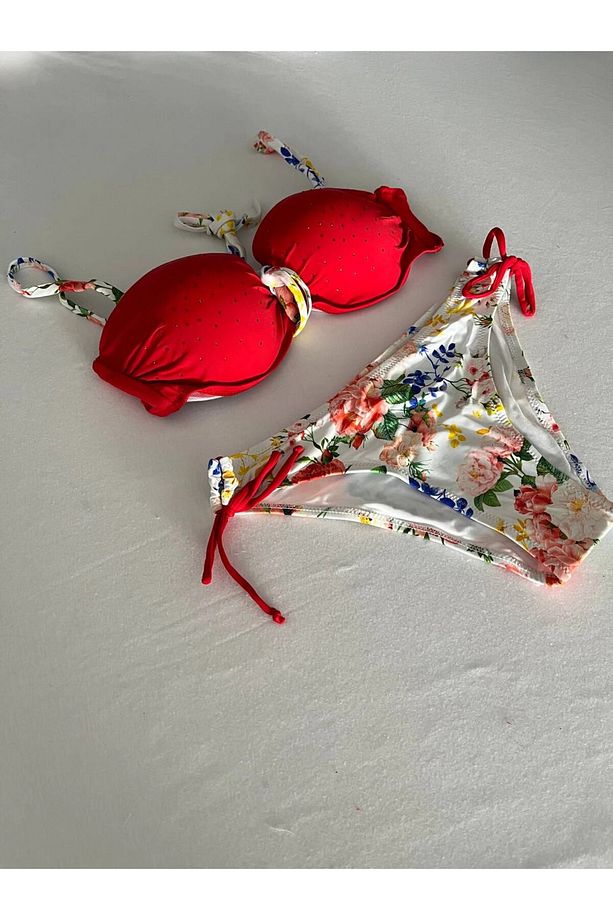 Kadın Kırmızı Taş İşlemeli Astarlı Bikini Takım HZL25S-LC208 - 4