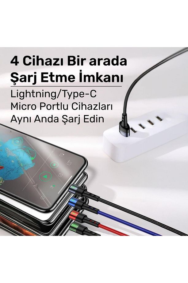 US-SJ317 4in1 2*Lightning 1*Type-C 1*Micro Uçlu 1.2m 2A Örgülü Renkli Şarj ve Data Kablosu - 4