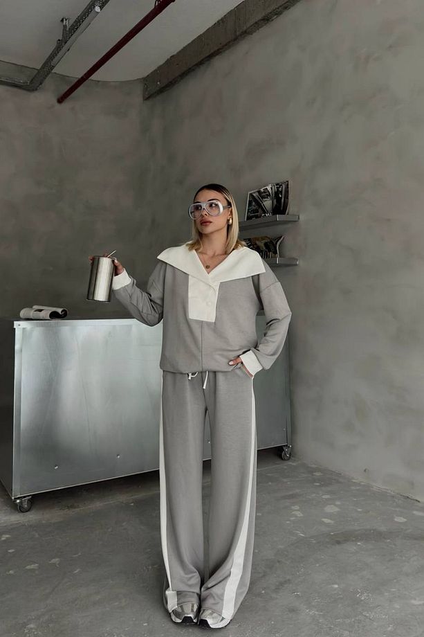 Kadın Şeritli Gri-Ekru Sweatshirt Eşofman Modal Takım - 1