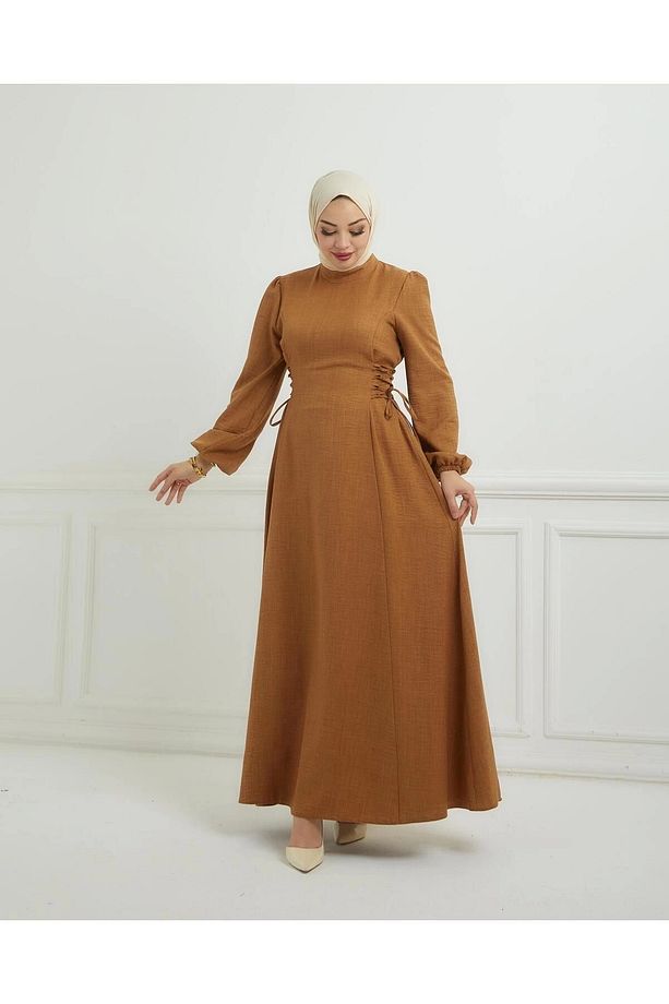 Yandan Biye Bağcıklı Sofya Keten Elbise - 4