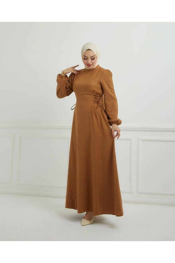 Yandan Biye Bağcıklı Sofya Keten Elbise - 6