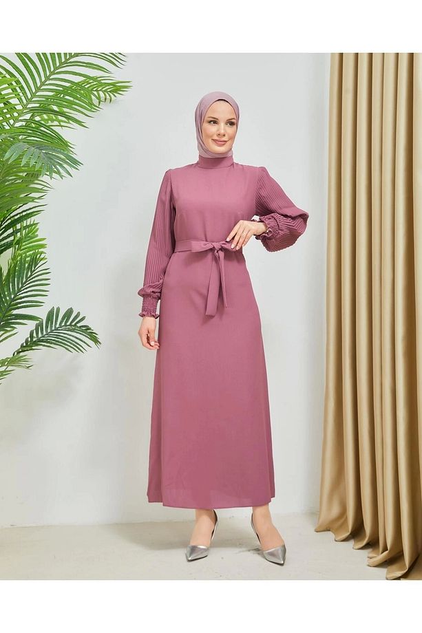Kolları Piliseli Manşet Gipe Detaylı Krep Kumaş Elbise 7989 - 3