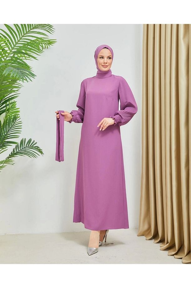 Kolları Piliseli Manşet Gipe Detaylı Krep Kumaş Elbise 7989 - 4