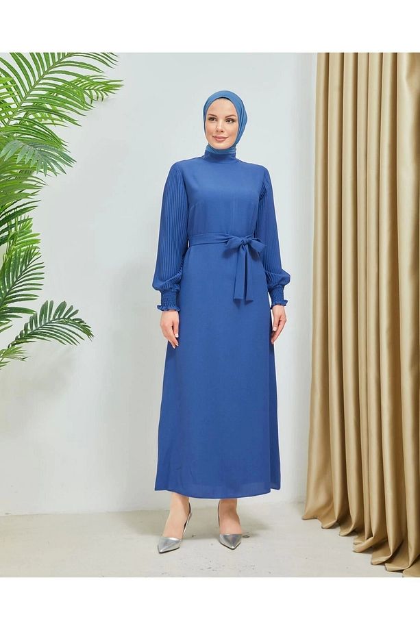 Kolları Piliseli Manşet Gipe Detaylı Krep Kumaş Elbise 7989 - 3