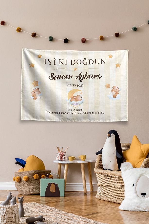 Kişiye Özel Doğum Günü Ayıcık Temalı Happy Birthday Duvar Örtüsü Duvar Halısı Birinci Kalite Kumaş - 1