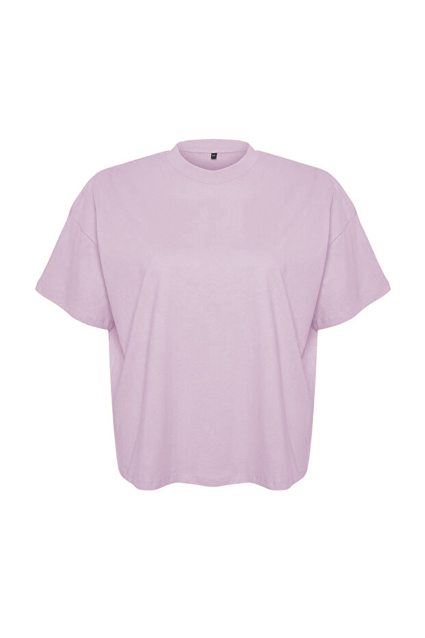 Lila Yaka Ribanalı Geniş Kalıp Basic %100 Pamuk Örme T-shirt TBBSS23BF00017 - 5