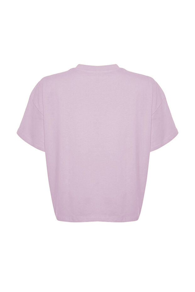 Lila Yaka Ribanalı Geniş Kalıp Basic %100 Pamuk Örme T-shirt TBBSS23BF00017 - 6