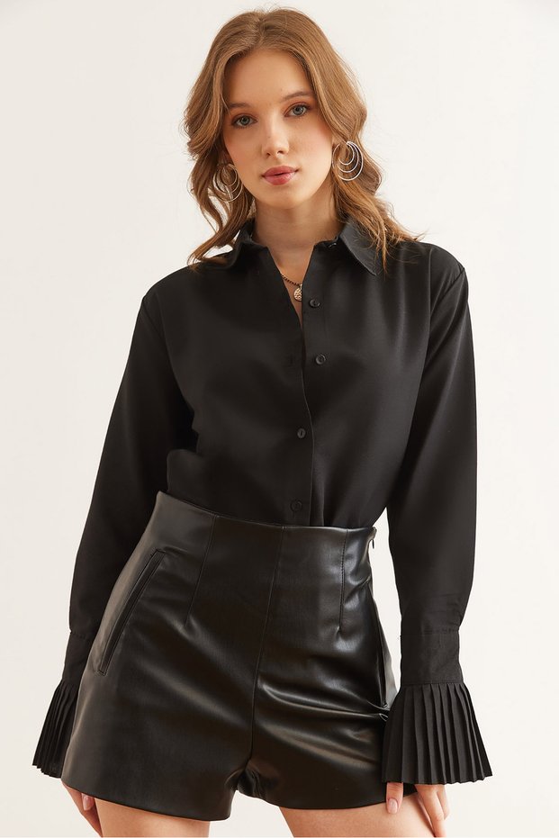 Women's Black Cuff Pleat Detail Shirt Gml- 19001275