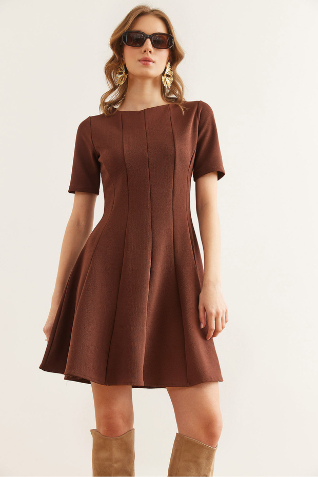 Women's Brown Piece Trend Mini Flared Dress Elb- 19002344