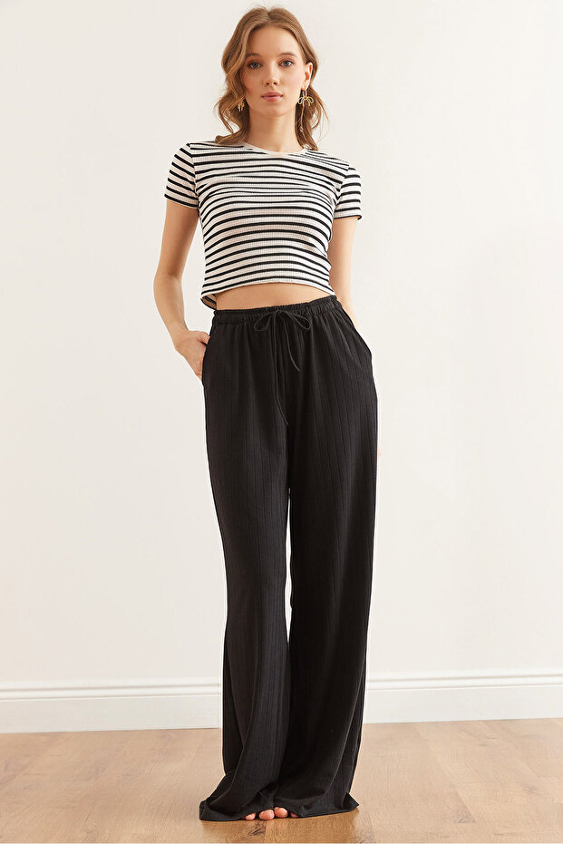 Women's Black Lace-Up Pocketed Thick Ribbed Loose Pajama Bottoms Pjma-0000003
