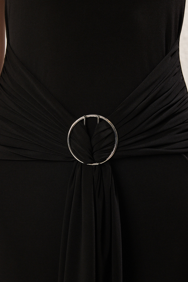 Siyah Düz Maxi Aksesuar Detaylı Esnek Örme Elbise TWOSS25EL00592 - 3