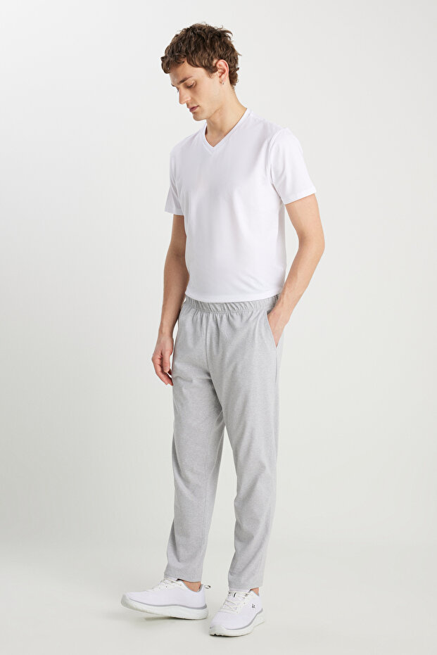 Men's Grey Melange-White Cotton Comfortable V-Neck Waist Elastic Pocket Pajamas Set
