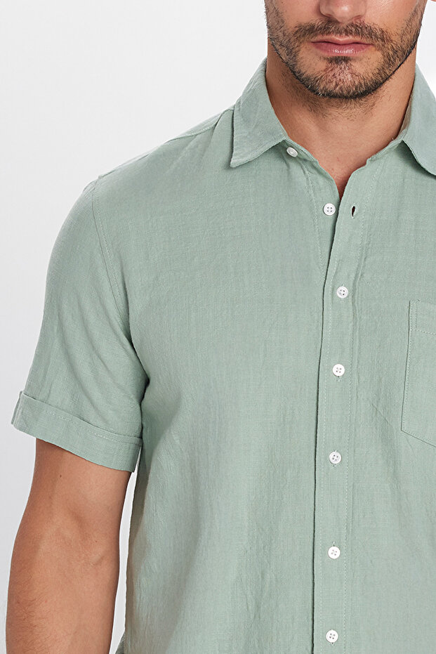 Erkek Regular Fit Klasik Kesim %100 Pamuk Keten Doku Cepli Yeşil Gömlek - 4
