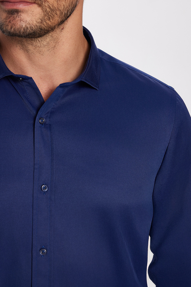 Modern Slim Fit Uzun Kollu Düz Saten Pamuklu Erkek Lacivert Gömlek - 3