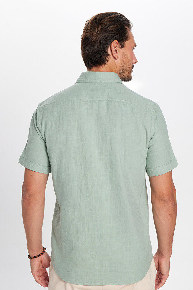 Erkek Regular Fit Klasik Kesim %100 Pamuk Keten Doku Cepli Yeşil Gömlek - 5