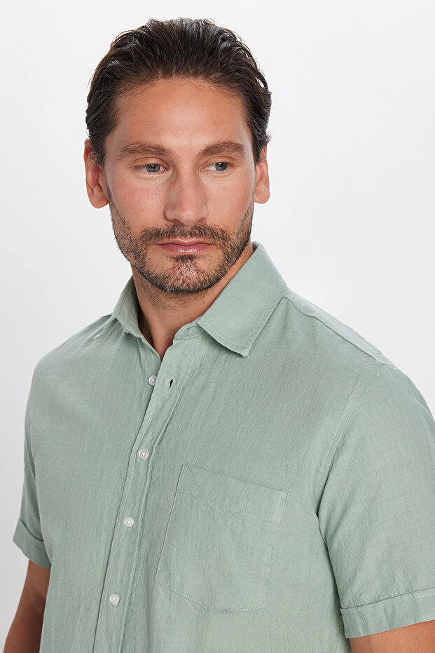 Erkek Regular Fit Klasik Kesim %100 Pamuk Keten Doku Cepli Yeşil Gömlek - 2