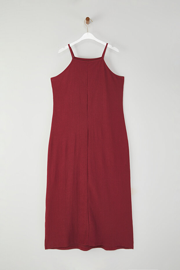 Bordo Halter Yaka Bürümcük Dokulu Kumaş Maxi Boy Örme Büyük Beden Elbise TBBSS25AH00006 - 7