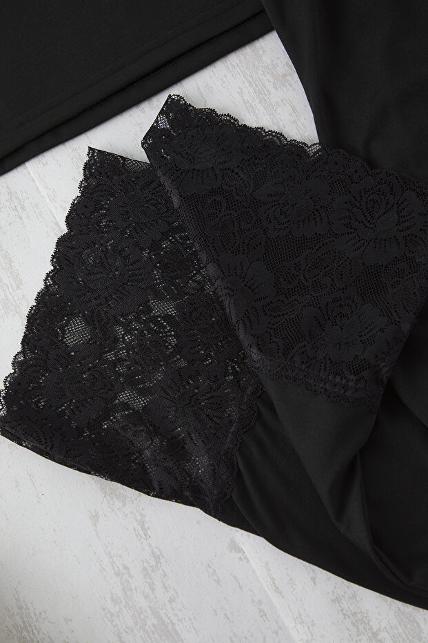 Siyah V Yaka Dantelli Örme Pijama Takımı TBBSS25AI00111 - 3