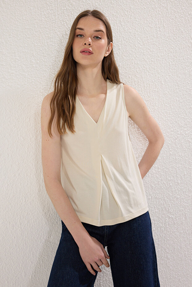 Taş More Sustainable Modal Akışkan Kumaşlı Regular Kalıp Pilili Örme Bluz TWOSS25BZ00401 - 4