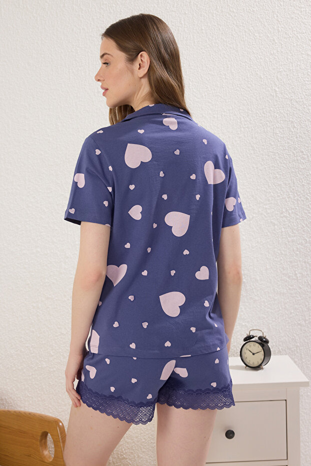 Mavi %100 Pamuklu Kalpli Dantel Detaylı Şortlu Örme Pijama Takımı THMSS25PT00302 - 5