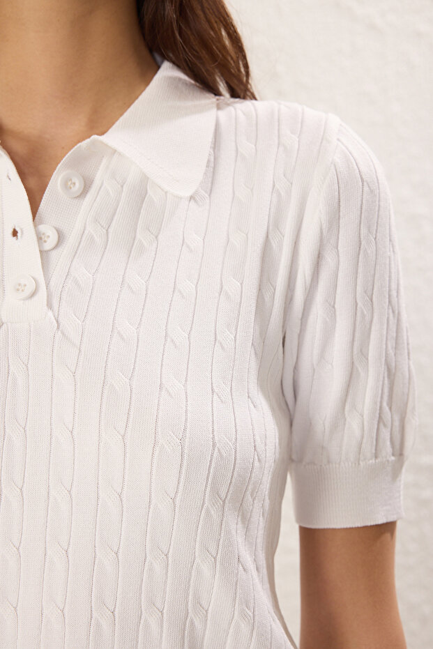 Ekru Polo Yaka Saç Örgülü Premium İplik / Özel İplik Triko İnce Bluz TWOSS25BZ00333 - 5